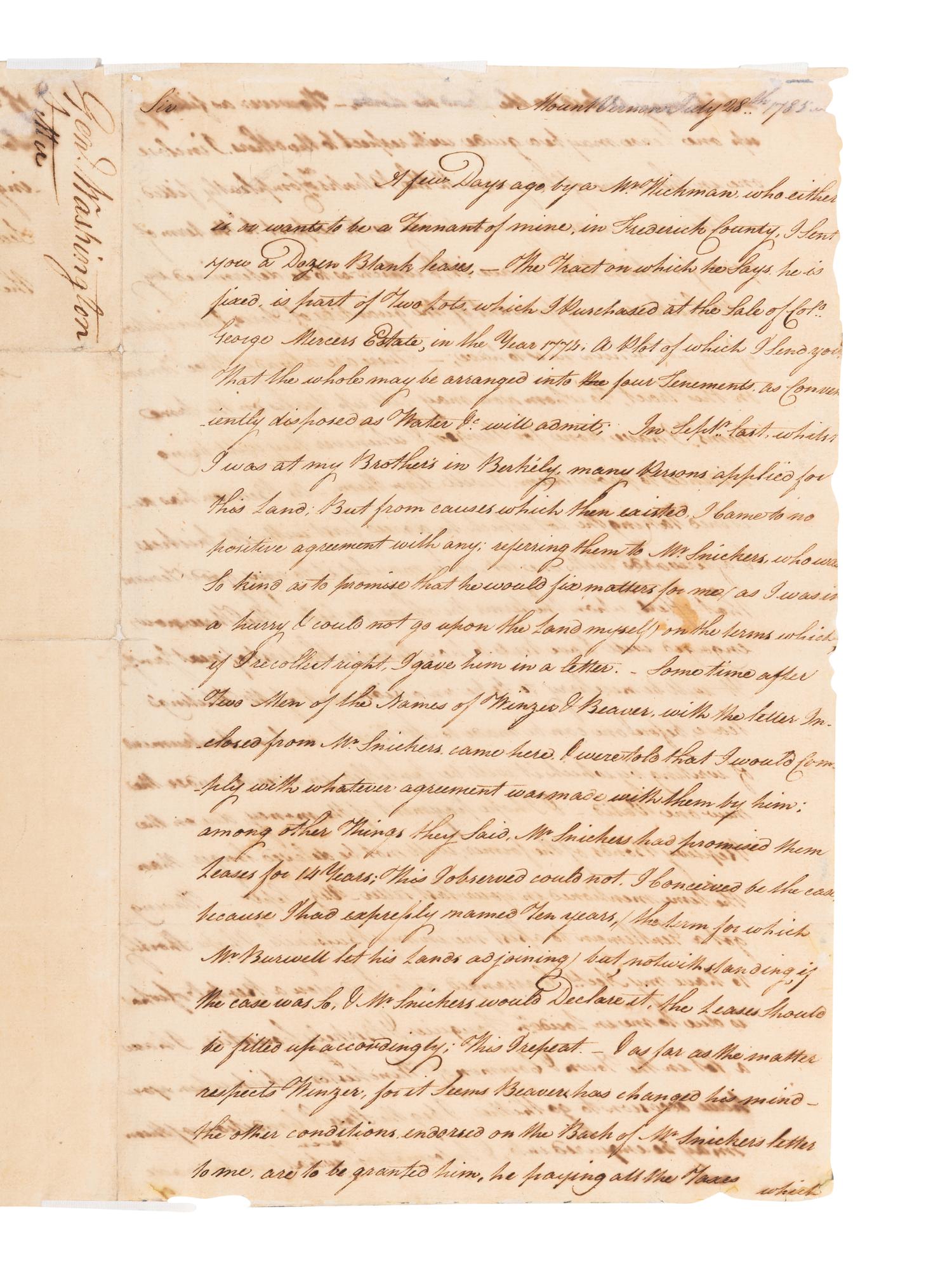 WASHINGTON, George (1732-1799). Letter signed ("G.Washington") to Battaile Muse. Mount Vernon, 28 July 1785.