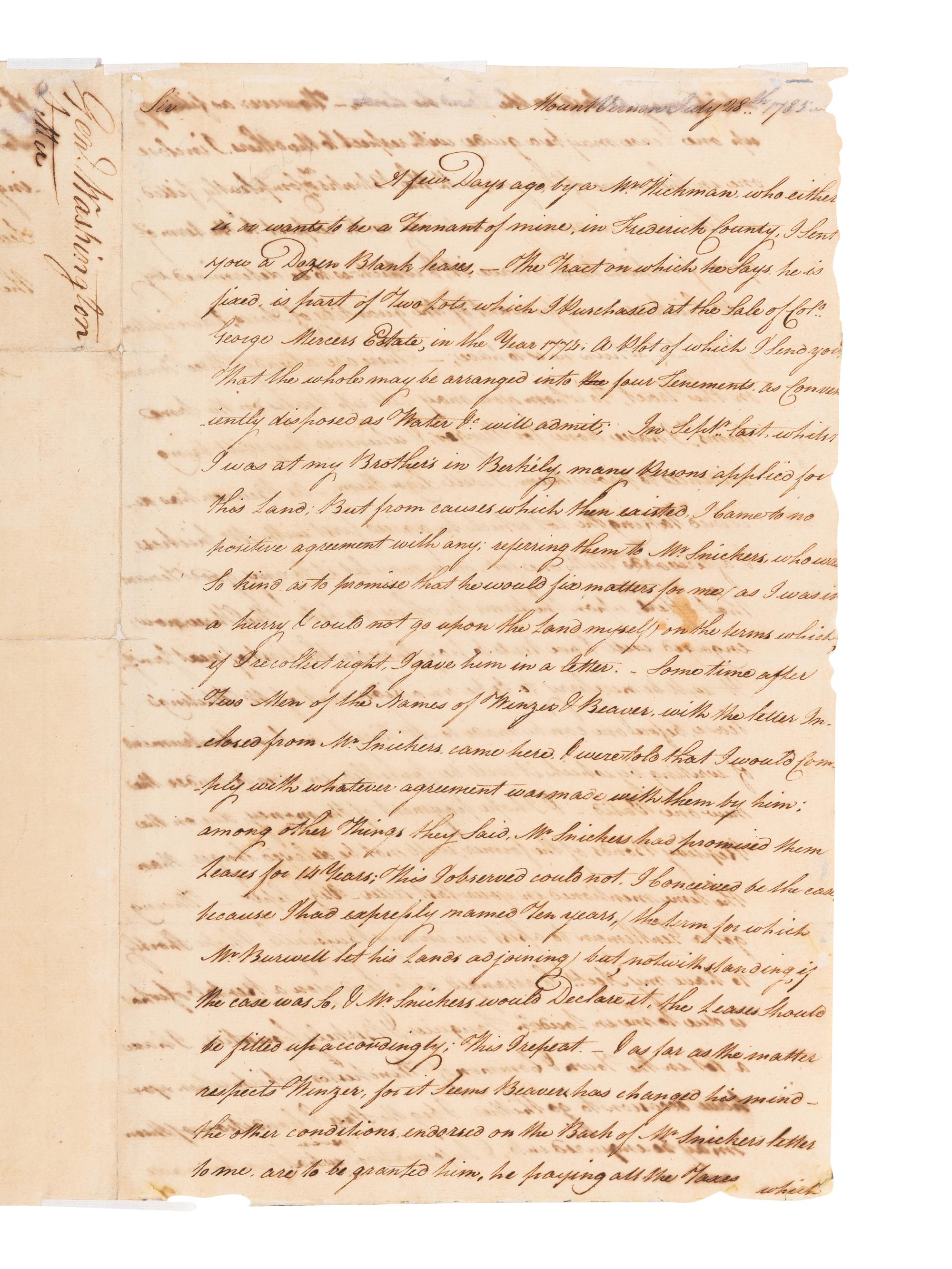 WASHINGTON, George (1732-1799). Letter signed ("G.Washington") to Battaile Muse. Mount Vernon, 28 July 1785.