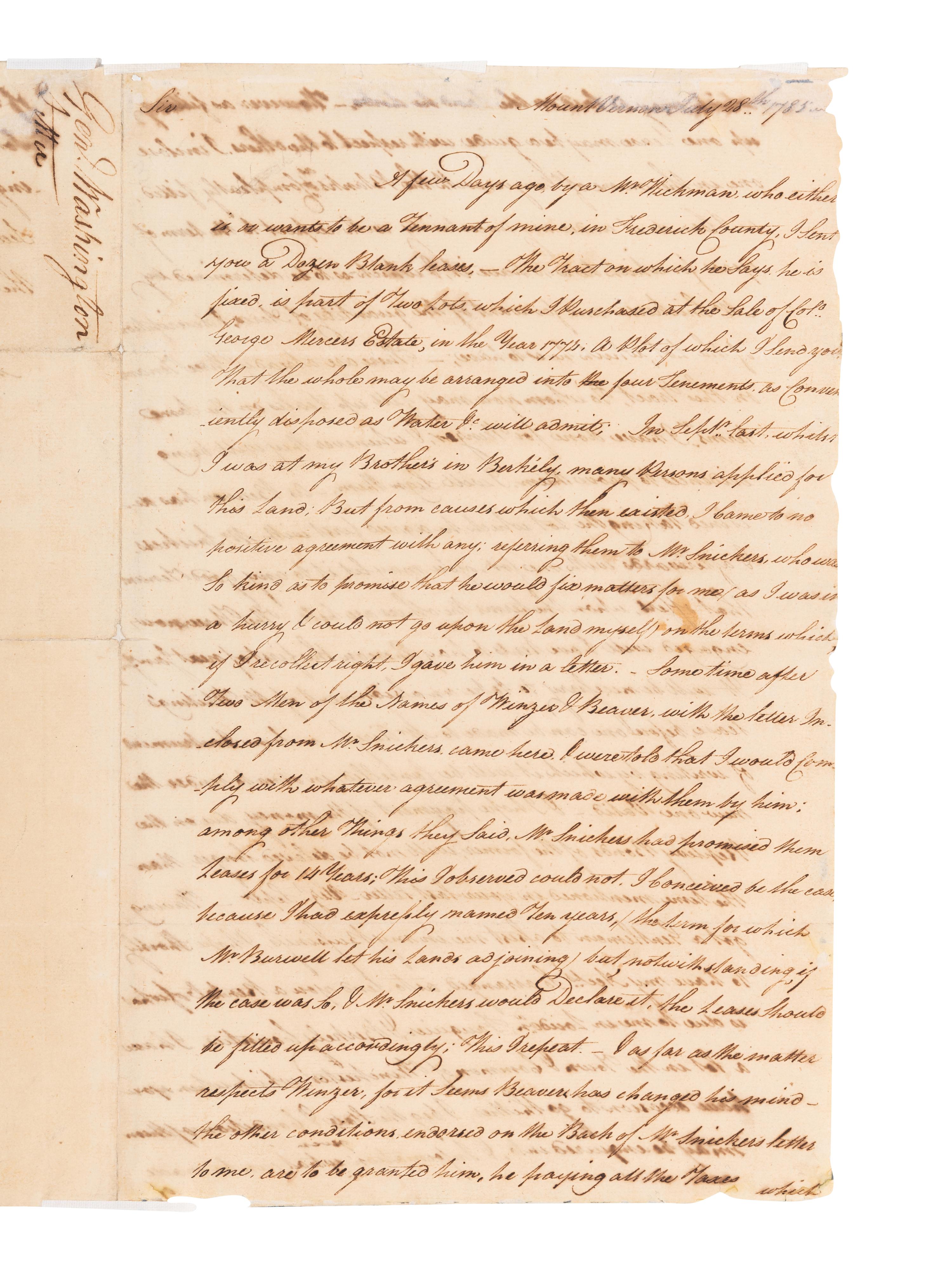 WASHINGTON, George (1732-1799). Letter signed ("G.Washington") to Battaile Muse. Mount Vernon, 28 July 1785.