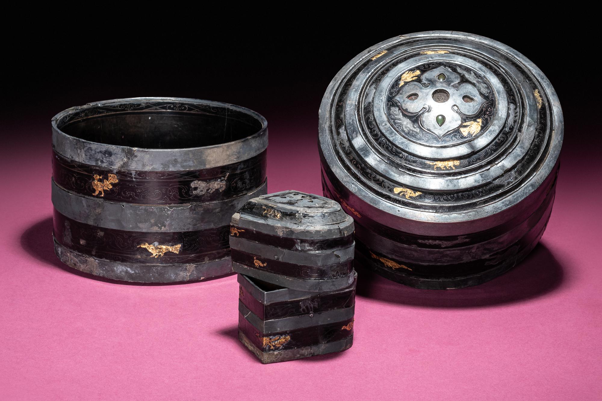 A Set of Silver and Gilt Bronze Inlaid Black Lacquered Lian -Form Cosmetic Boxes
