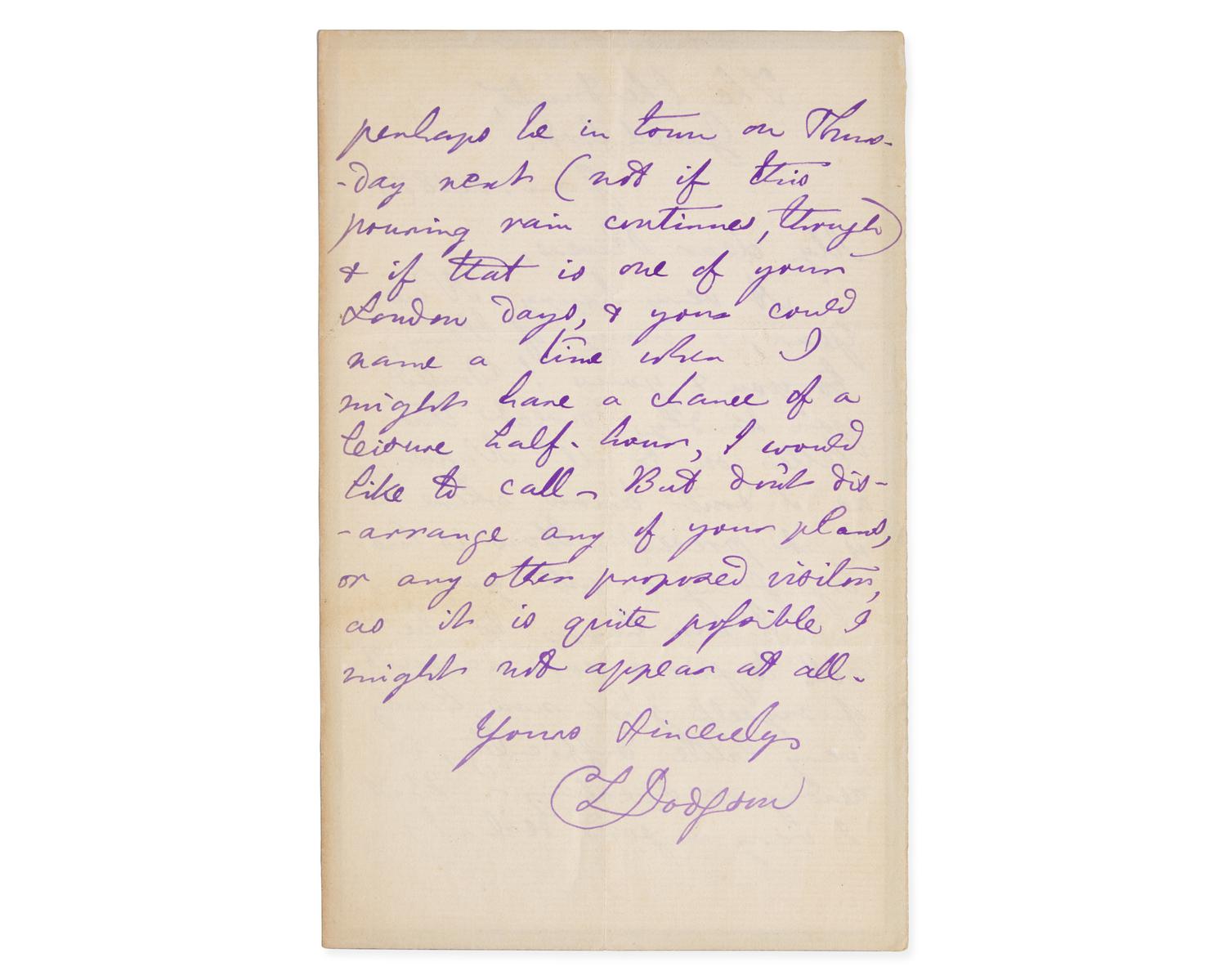 Lewis, Carroll (Charles Lutwidge Dodgson). Autograph Letter, signed