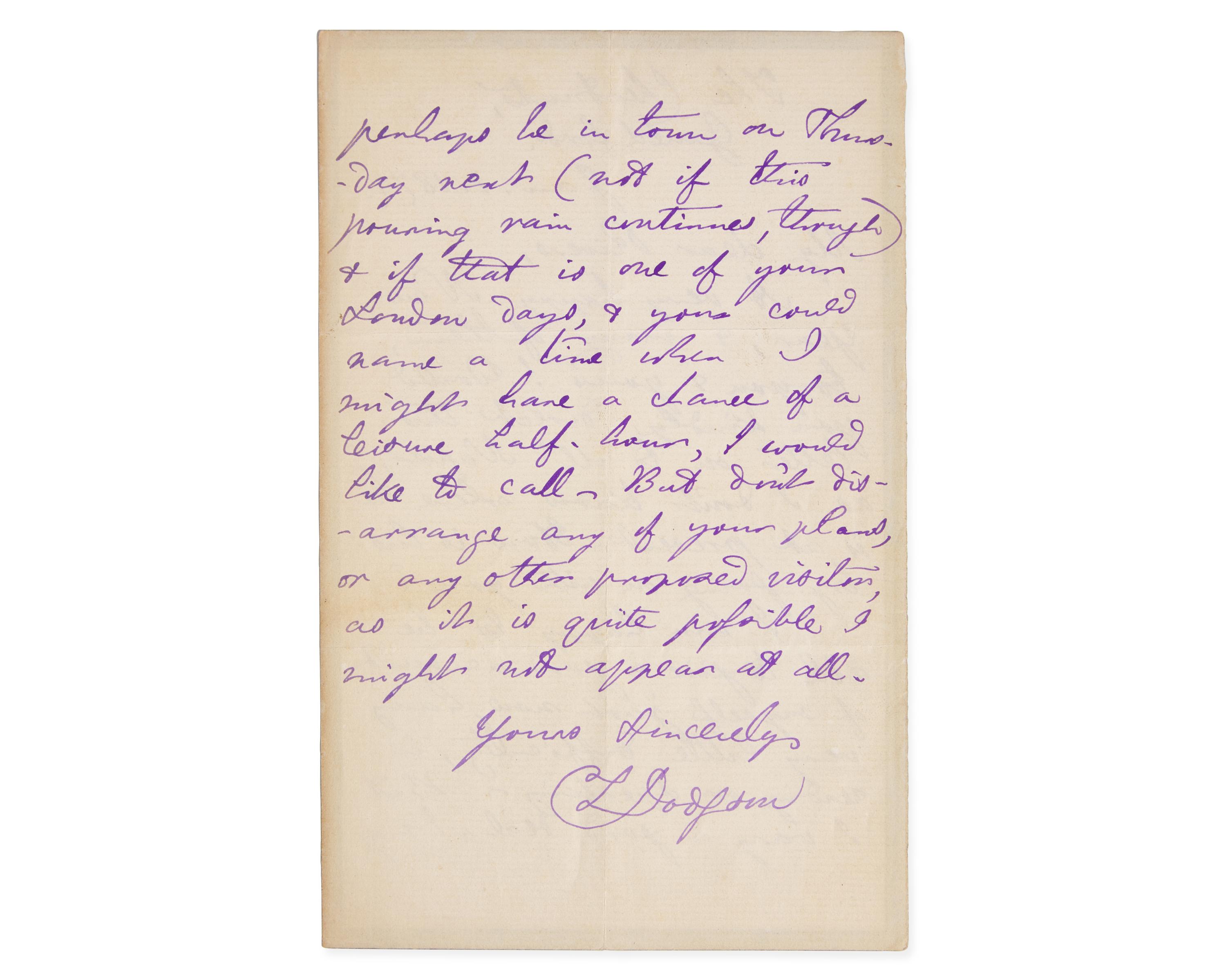 Lewis, Carroll (Charles Lutwidge Dodgson). Autograph Letter, signed