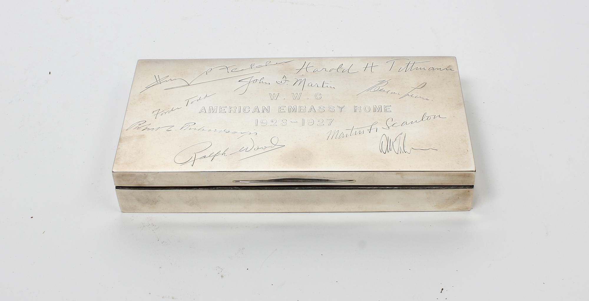 A George V Silver Presentation Cigarette Box, London, 1926, engraved, W.W.C./American Embassy Rome/1923-1927.