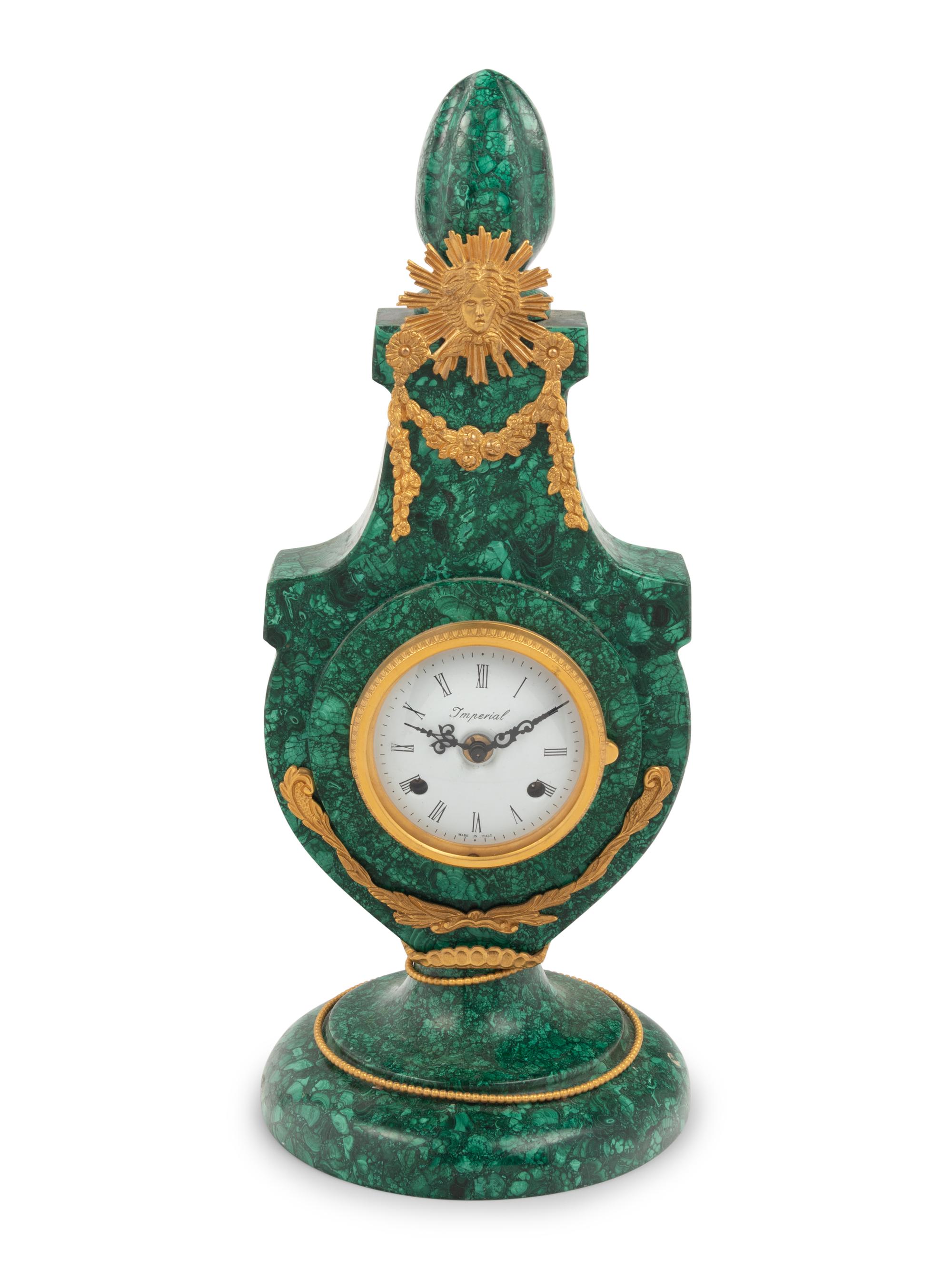 An Empire Style Gilt Bronze Mounted Malachite Lyre-Form Clock