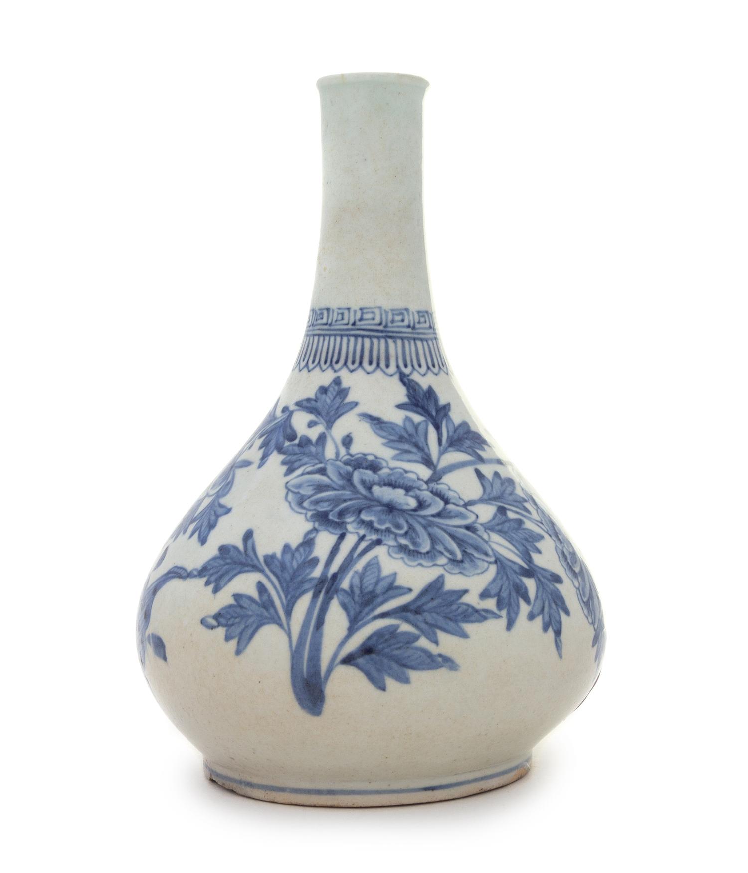A Korean Blue and White Porcelain Bottle Vase Height 9 3/4 inches.