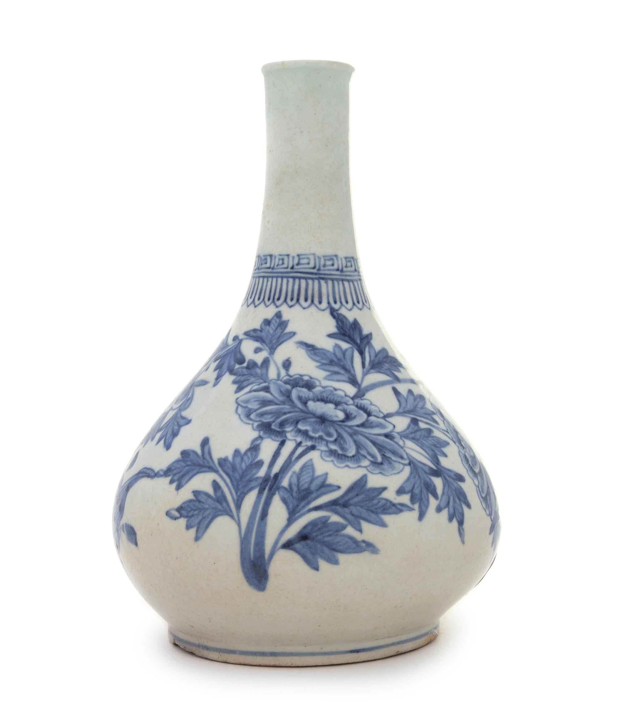 A Korean Blue and White Porcelain Bottle Vase Height 9 3/4 inches.