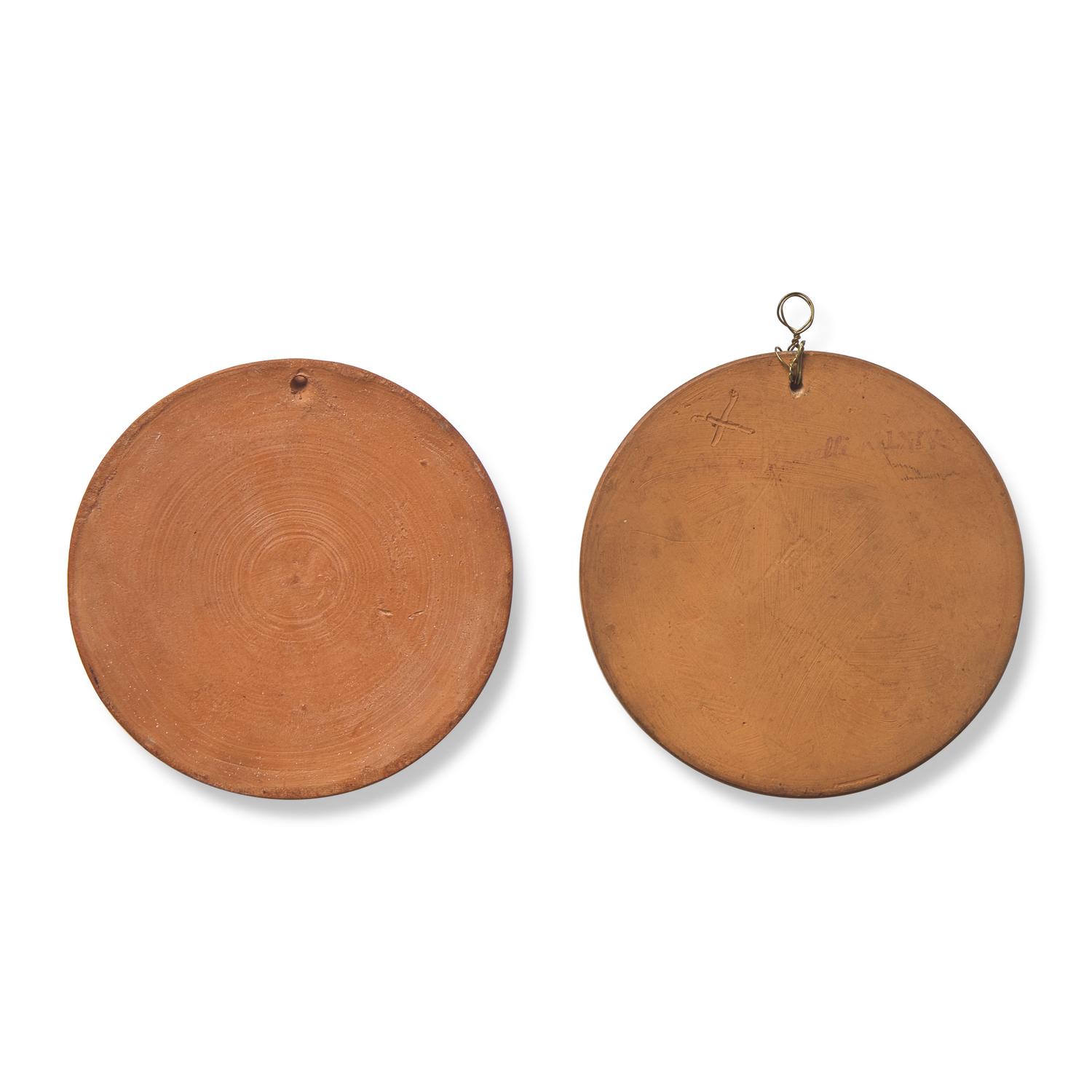Jean-Baptiste Nini (Italian, 1717-1786), Two Terracotta Portrait Medallions: Benjamin Franklin with Fur Hat and Spectacles