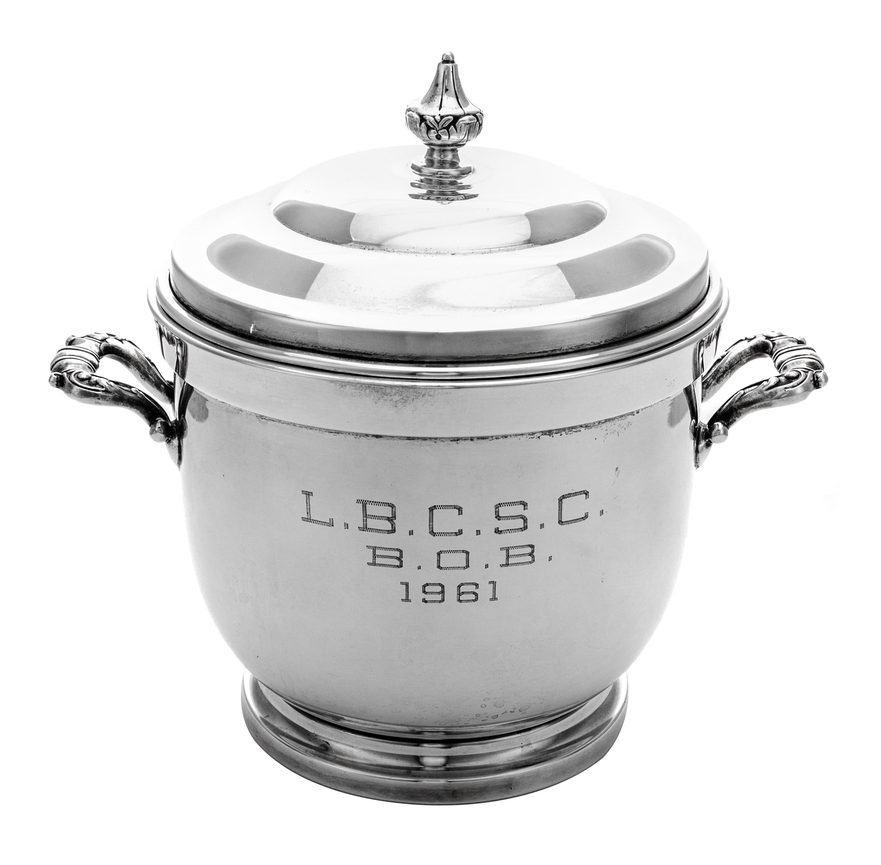 An American Silver Ice Bucket, Poole Silver Co., Taunton, NY, Mid-20th Century, the domed lid with an urn form finial, the twin-handled