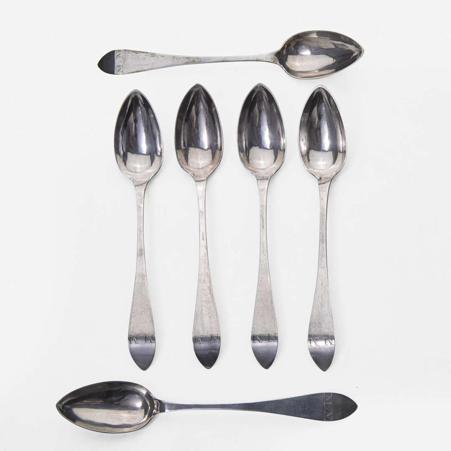 A large collection of twenty-five bird-back and fancy-back teaspoons Various makers, Lancaster, Reading, Philadelphia, PA, and Burlington, NJ, circa 1780-1820