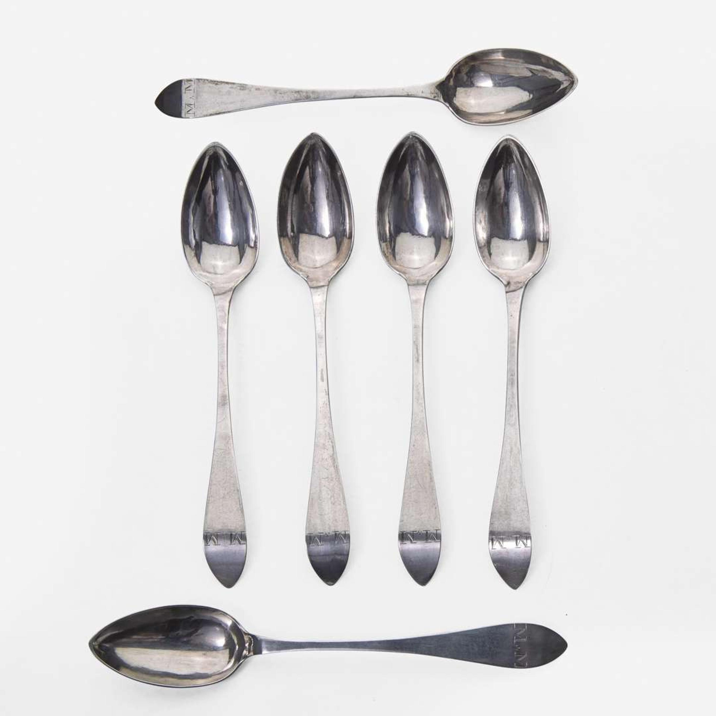 A large collection of twenty-five bird-back and fancy-back teaspoons Various makers, Lancaster, Reading, Philadelphia, PA, and Burlington, NJ, circa 1780-1820