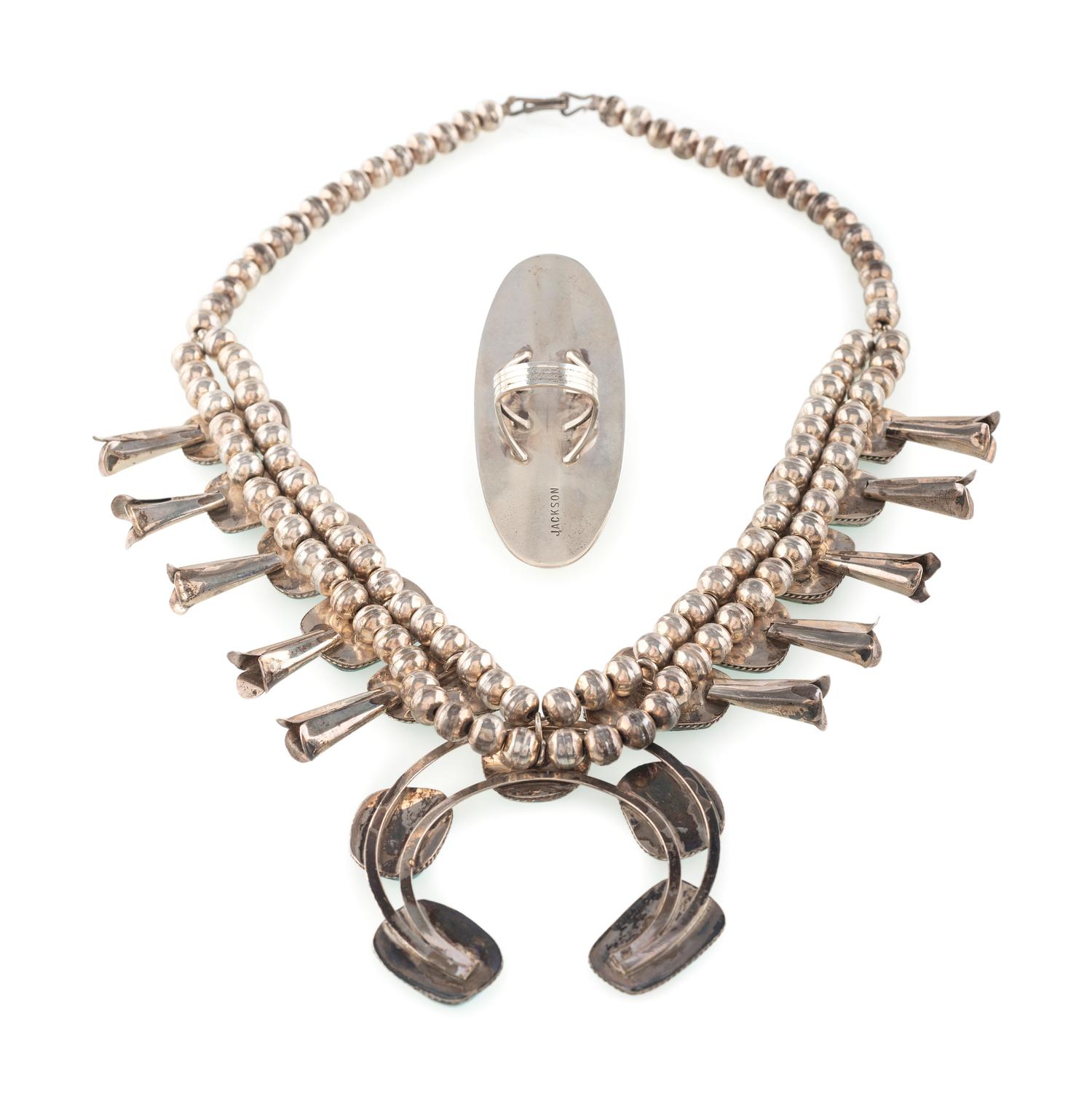 Navajo Silver and Turquoise Ring, PLUS Southwestern-Style Squash Blossom Necklace