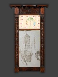 A Classical Style Watercolor Panel Inset Carved Walnut Looking Glass