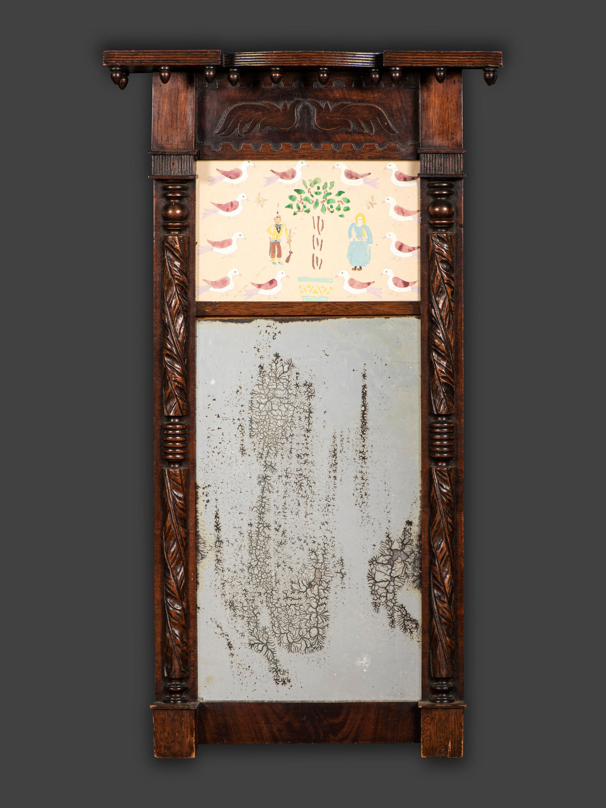 A Classical Style Watercolor Panel Inset Carved Walnut Looking Glass
