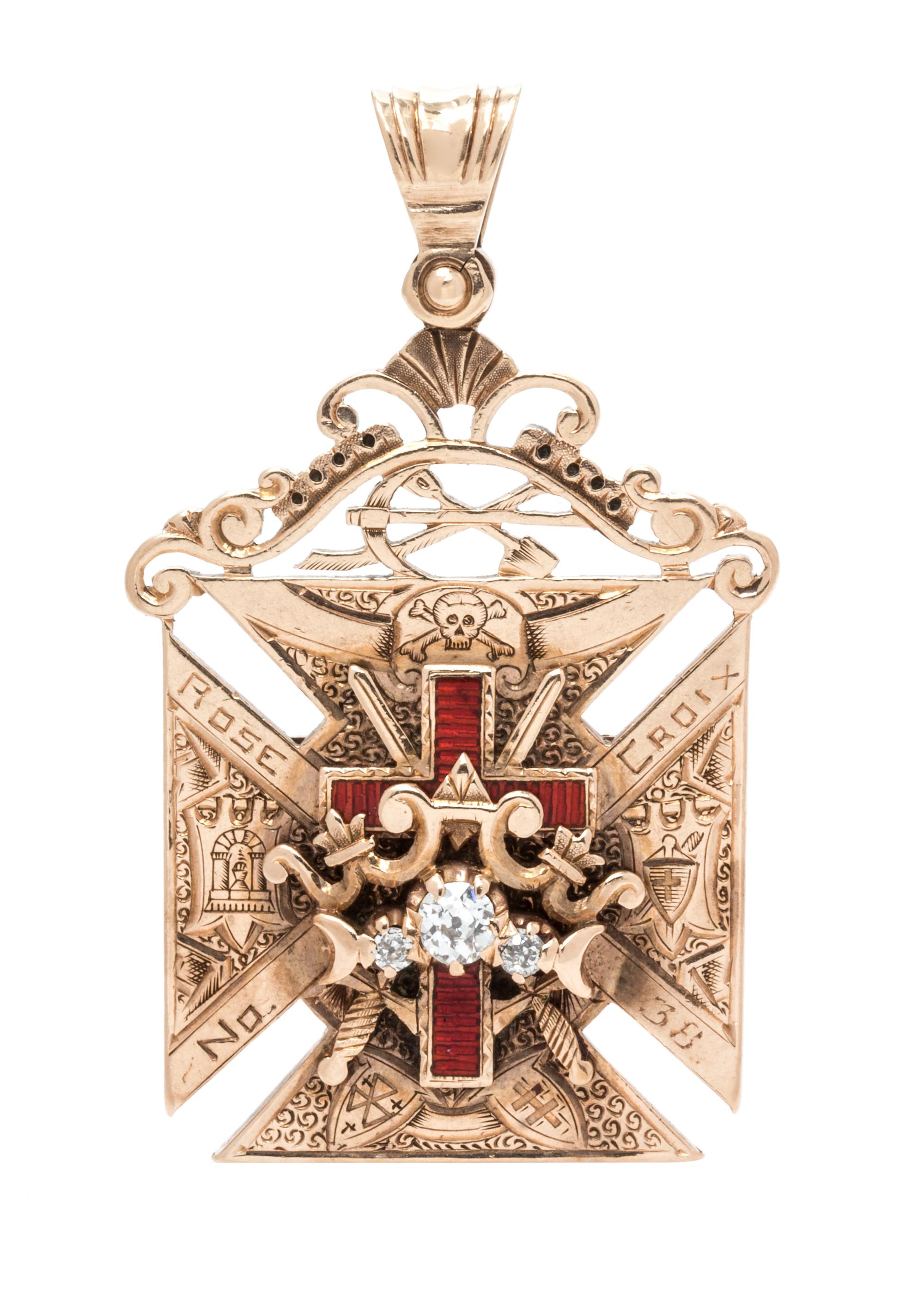 A Victorian Yellow Gold, Diamond and Polychrome Enamel Masonic Knights Templar Fob/Pendant, 11.40 dwts.