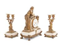 A French Gilt Bronze and Marble Clock Garniture
