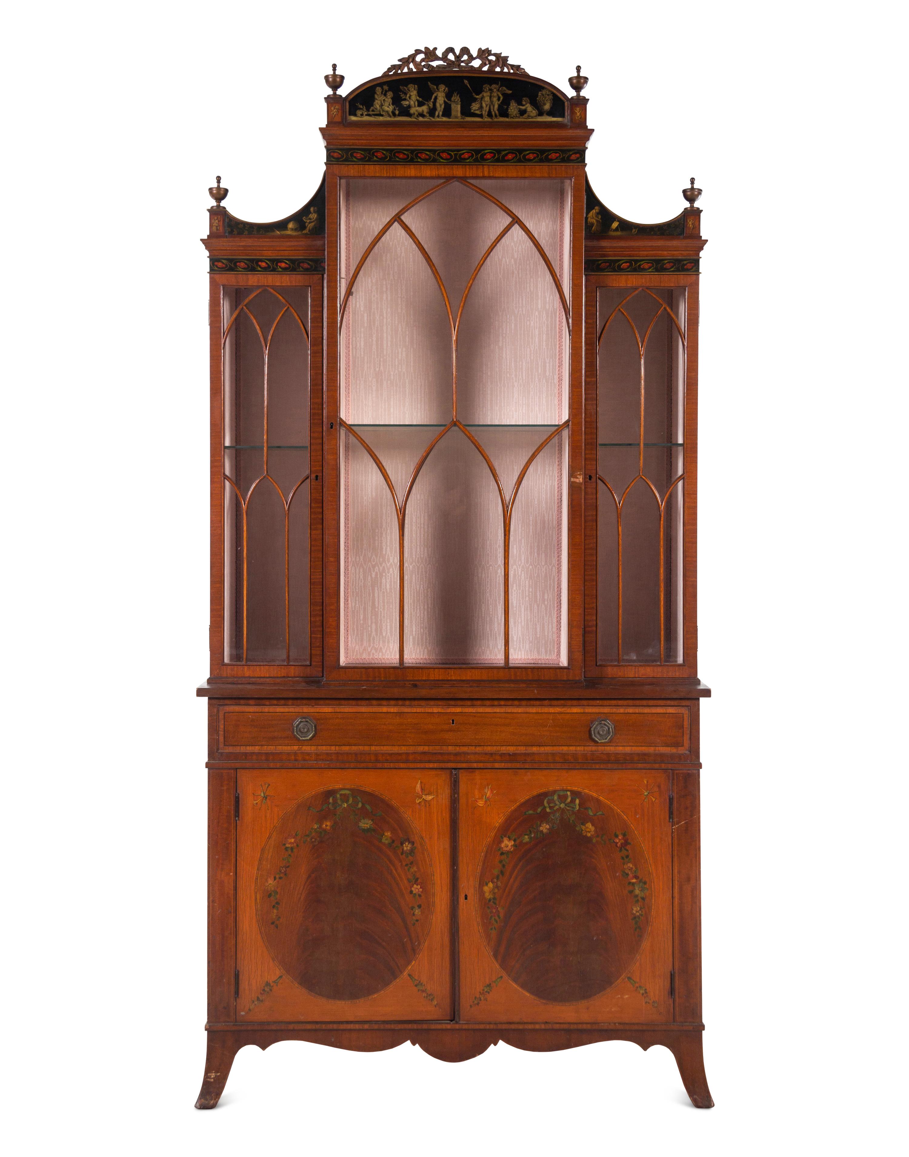 An Edwardian Painted Mahogany and Satinwood Bookcase