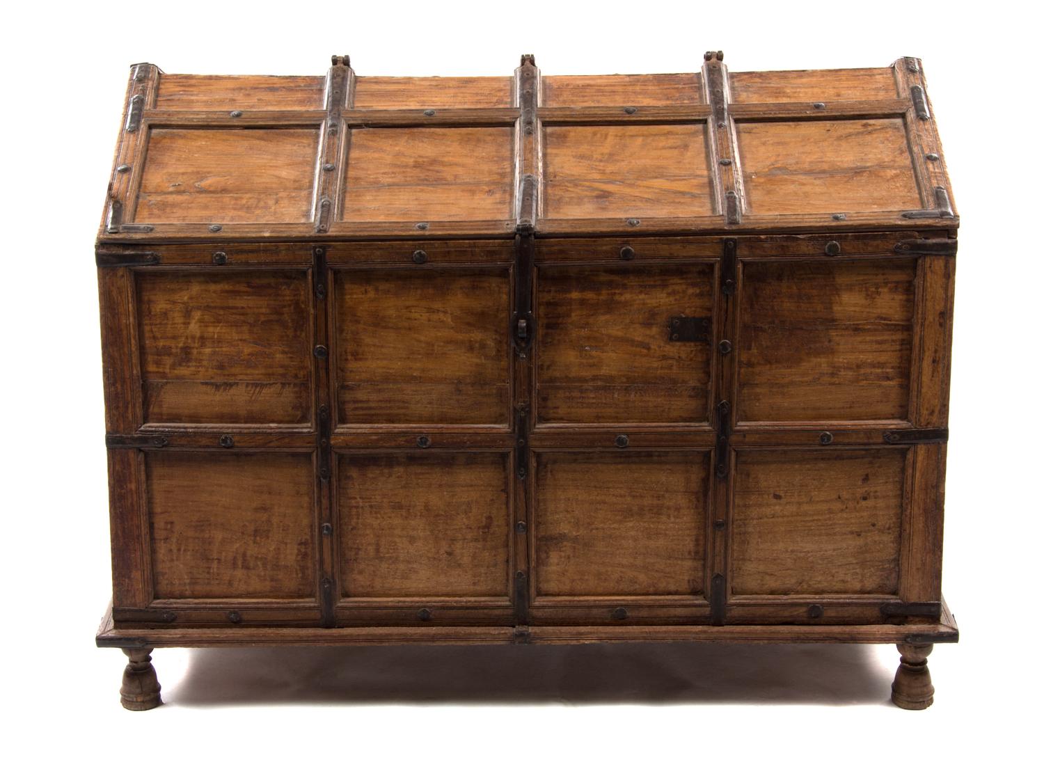 An Iron Mounted Trunk, Height 32 x width 43 x depth 30 1/4 inches.