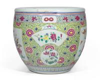 A large Chinese Famille Rose-decorated yellow-ground jardiniere, 19th to early 20th century