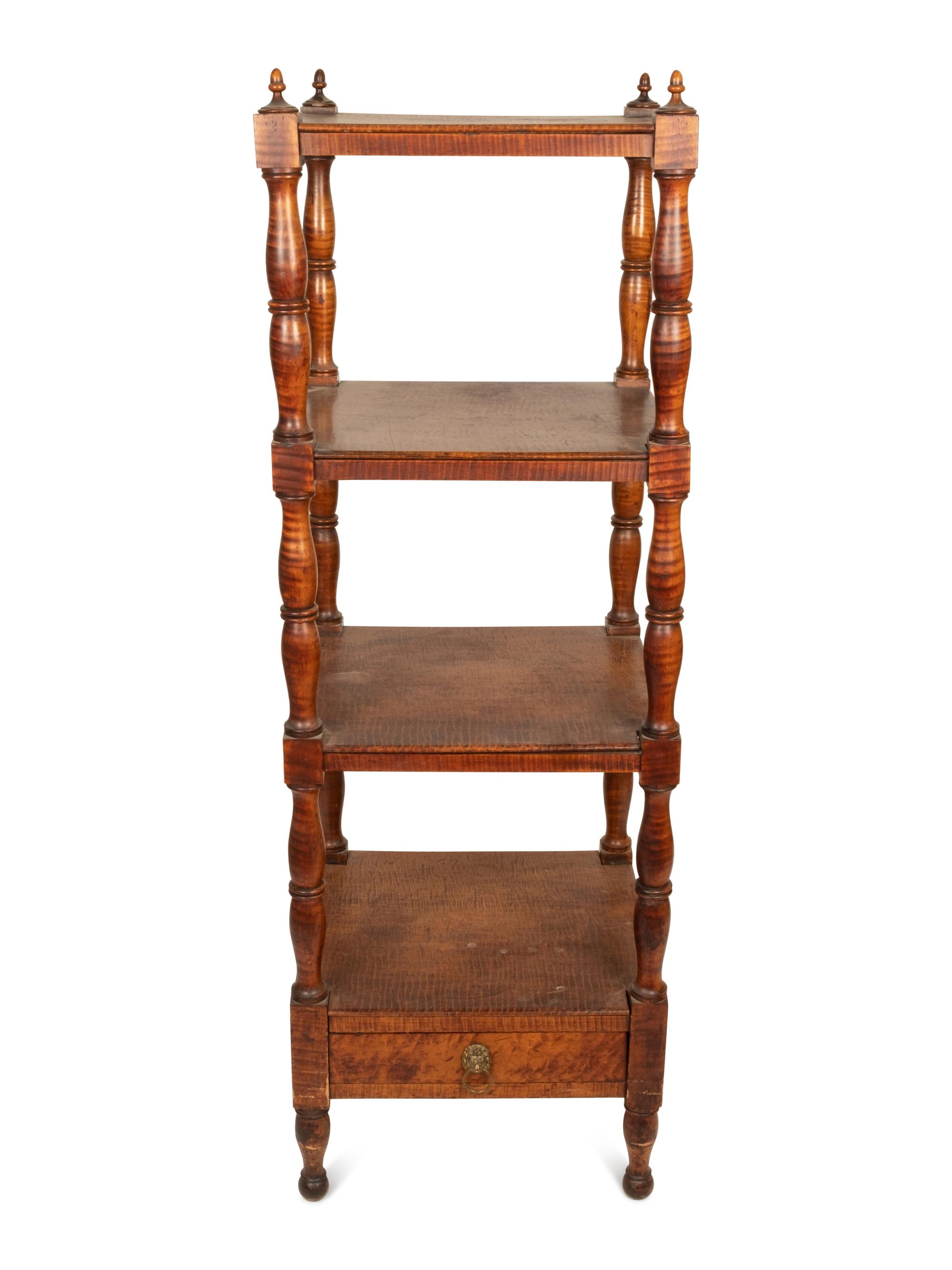 A Federal Turned Tiger Maple Four-Tier What-Not Shelf