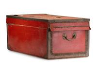 A China Trade Camphorwood Red Leather Clad and Brass Tack-Decorated Trunk