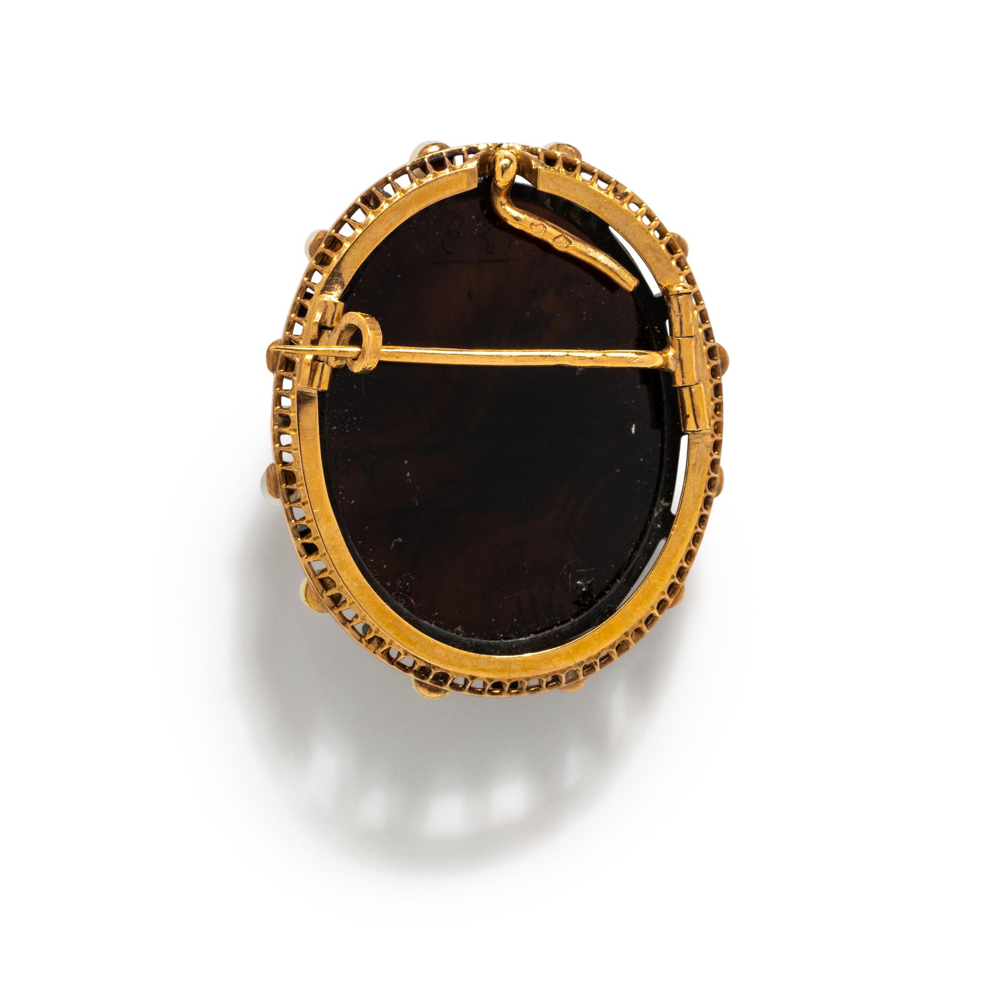 FRENCH, AGATE, SEED PEARL AND DIAMOND CAMEO BROOCH
