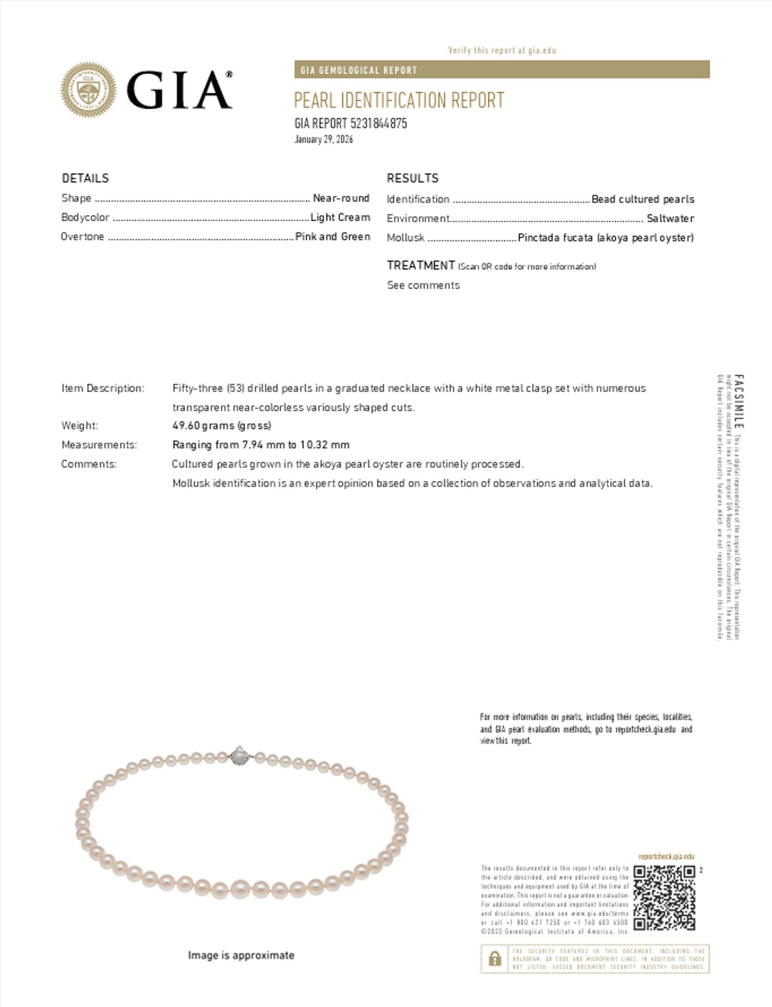 CULTURED AKOYA PEARL NECKLACE WITH DIAMOND CLASP