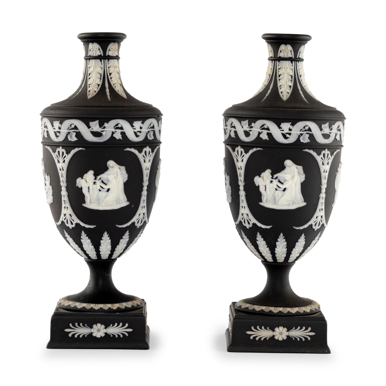 A Pair of Wedgwood Black Jasperware Urns