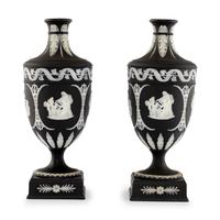 A Pair of Wedgwood Black Jasperware Urns