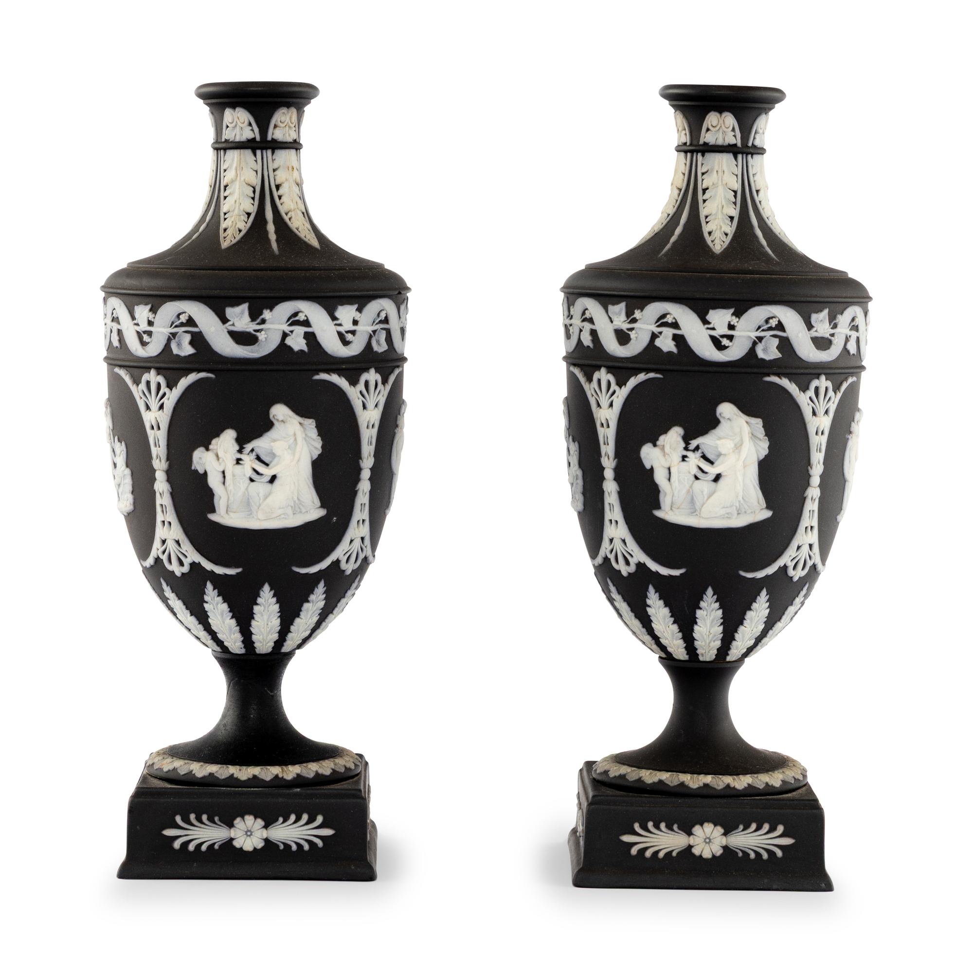 A Pair of Wedgwood Black Jasperware Urns