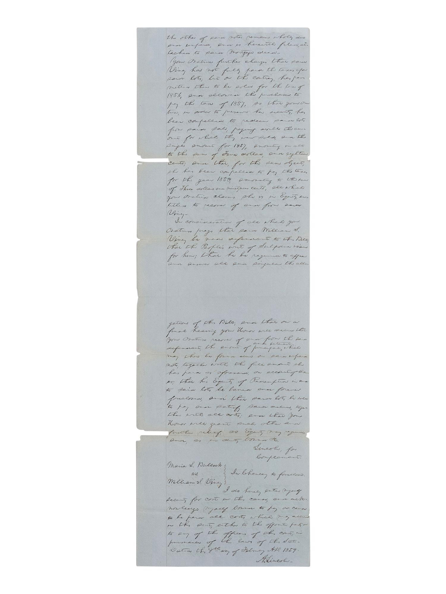 LINCOLN, Abraham (1809-1865). A small archive of 9 manuscript and partially printed documents relating to the Bullock Land Transaction, Springfield, Illinois, 1855-1859, comprising:
