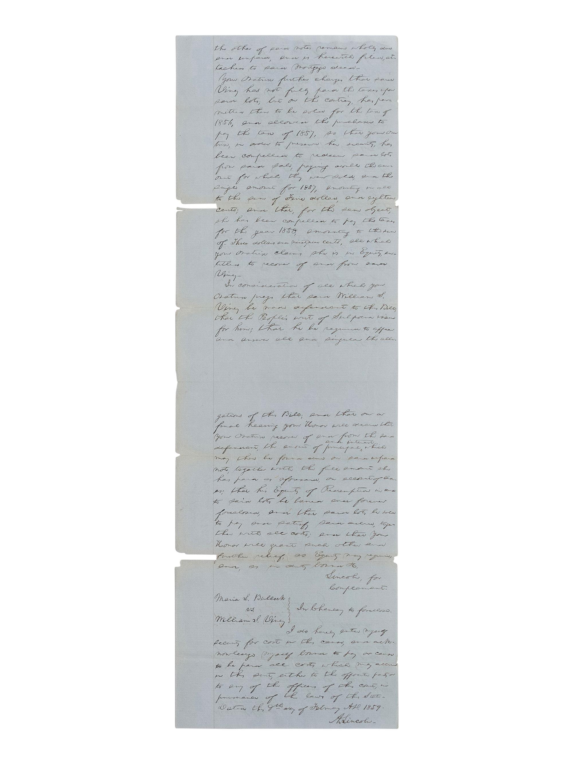 LINCOLN, Abraham (1809-1865). A small archive of 9 manuscript and partially printed documents relating to the Bullock Land Transaction, Springfield, Illinois, 1855-1859, comprising: