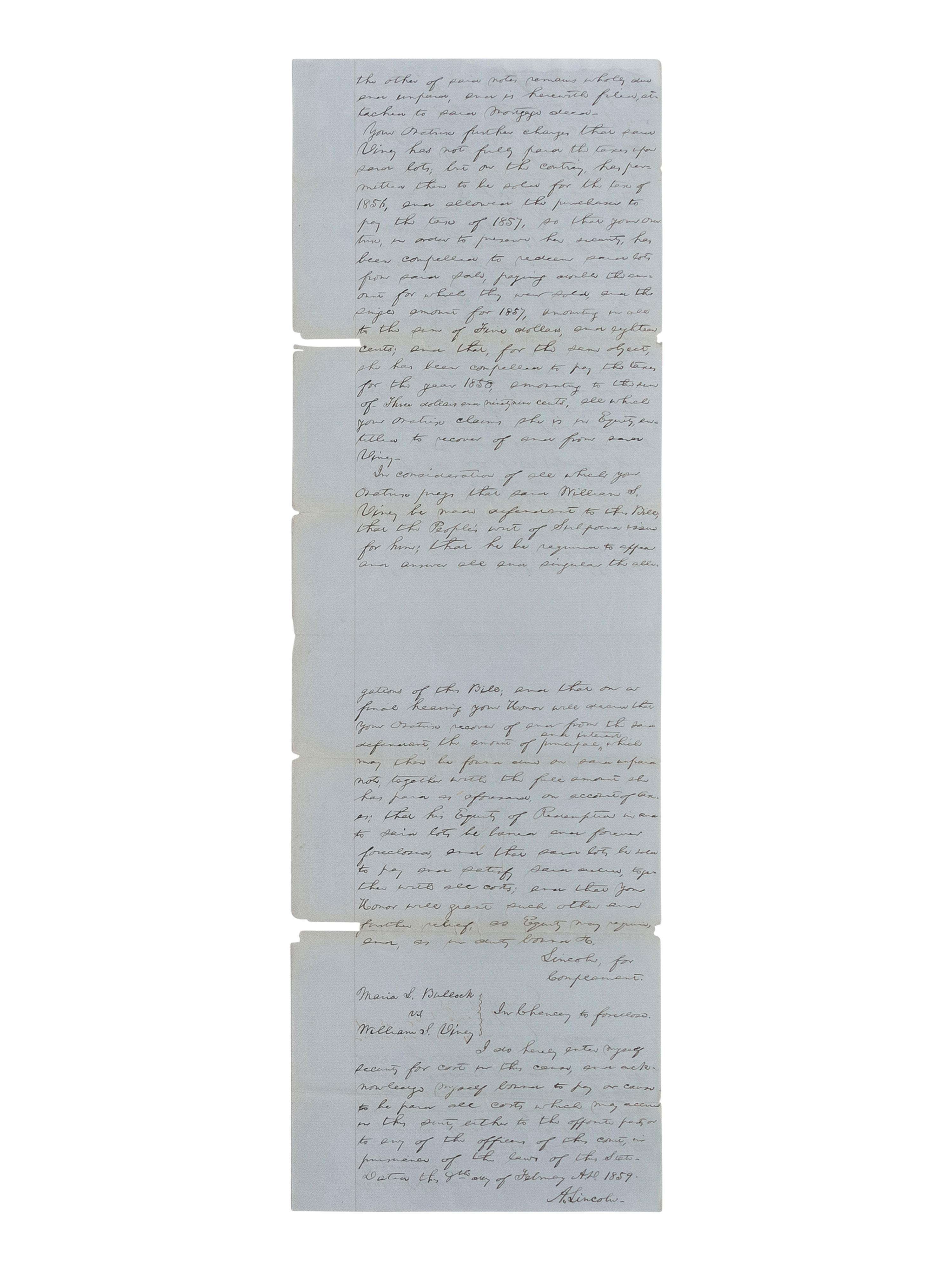 LINCOLN, Abraham (1809-1865). A small archive of 9 manuscript and partially printed documents relating to the Bullock Land Transaction, Springfield, Illinois, 1855-1859, comprising:
