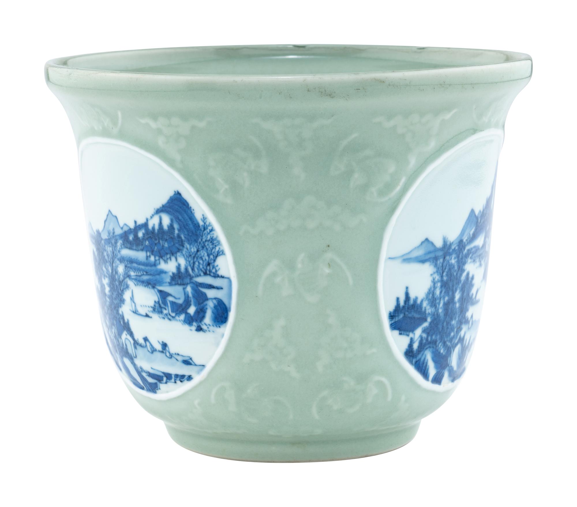 A Chinese Celadon Ground Underglaze Blue Cachepot