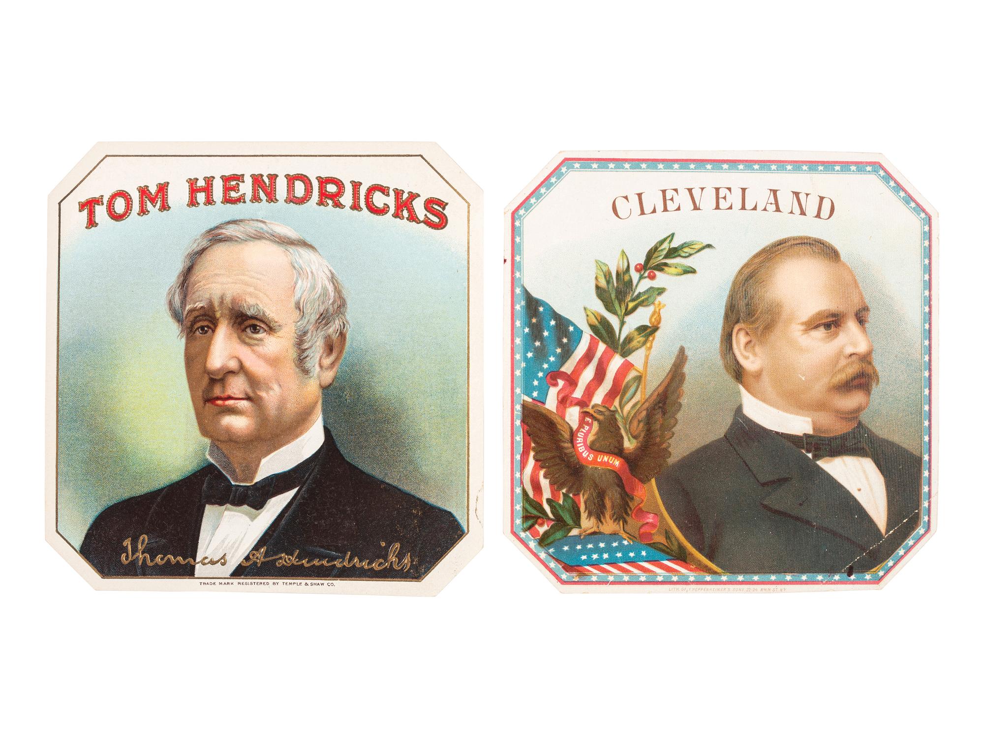 [CLEVELAND, Grover (1837-1908)] -- [HENDRICKS, Thomas (1819-1885)]. A group of cigar box labels from Cleveland and Hendricks' 1884 presidential campaign, comprising: