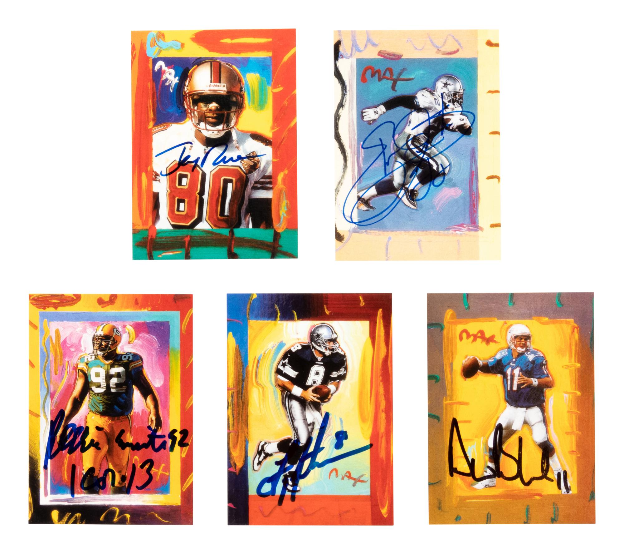 A Group of 5 Signed 1997 Topps Gallery Peter Max Football Cards,