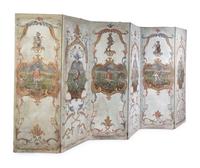 A Northern Italian Painted Canvas Six-Panel Floor Screen with Figures from the Commedia dell'Arte