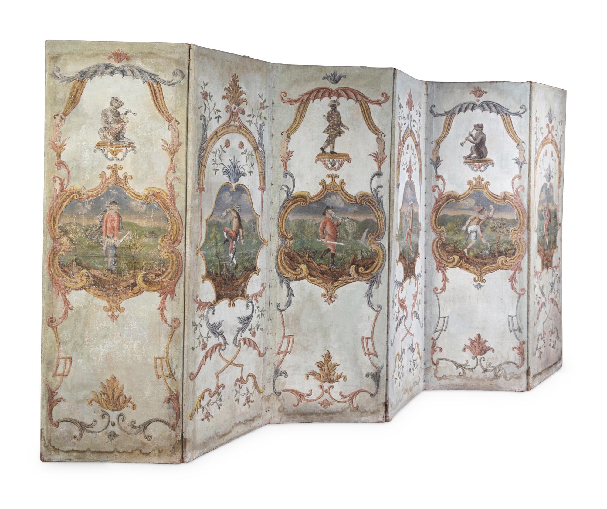 A Northern Italian Painted Canvas Six-Panel Floor Screen with Figures from the Commedia dell'Arte
