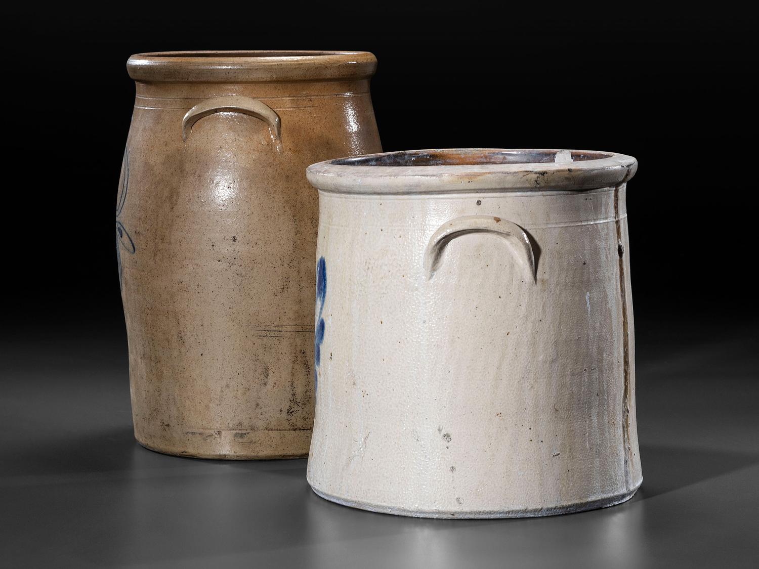 Two Cobalt Decorated Stoneware Vessels