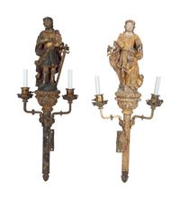 A Near Pair of Italian Carved Wood Figural Two-Light Sconces with Iron Mounts
