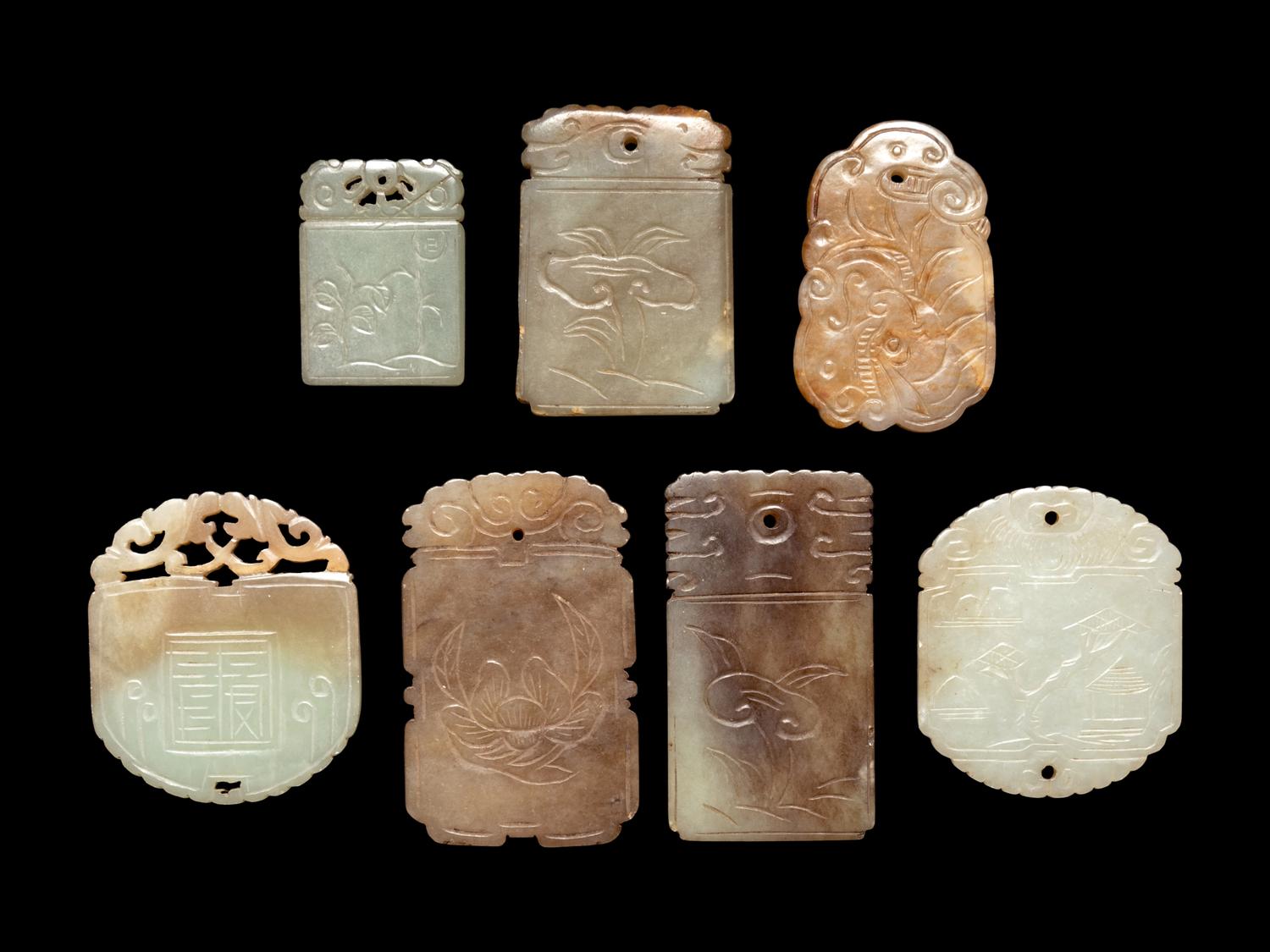 Seven Chinese Celadon Jade Carved Plaques