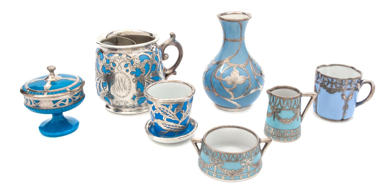 A Group of Porcelain Silver Overlay Articles Height of first 4 1/2 inches.