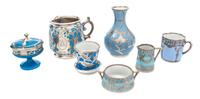 A Group of Porcelain Silver Overlay Articles Height of first 4 1/2 inches.