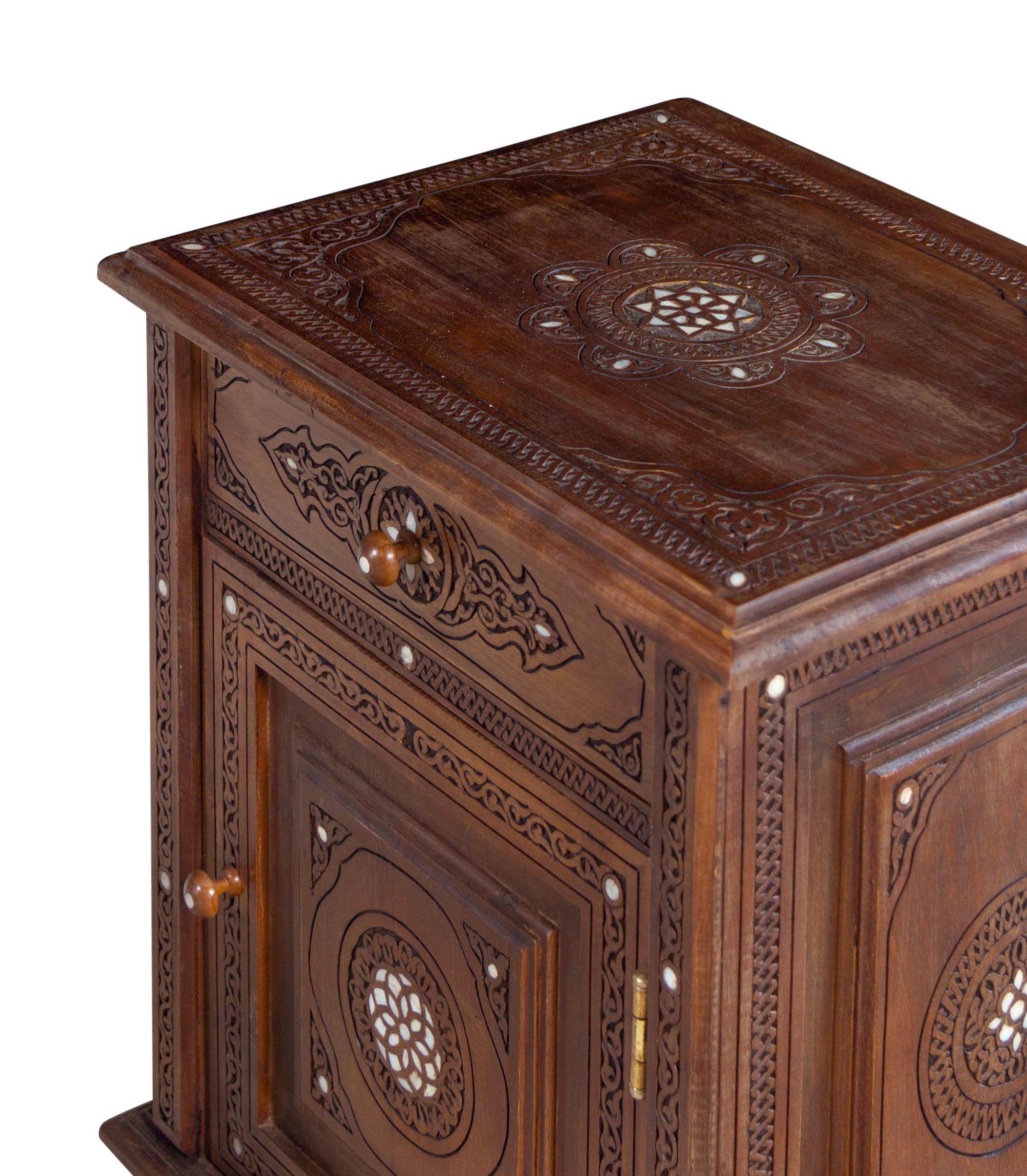 A Pair of Syrian Carved and Mother-of-Pearl Inlaid Walnut Night Tables