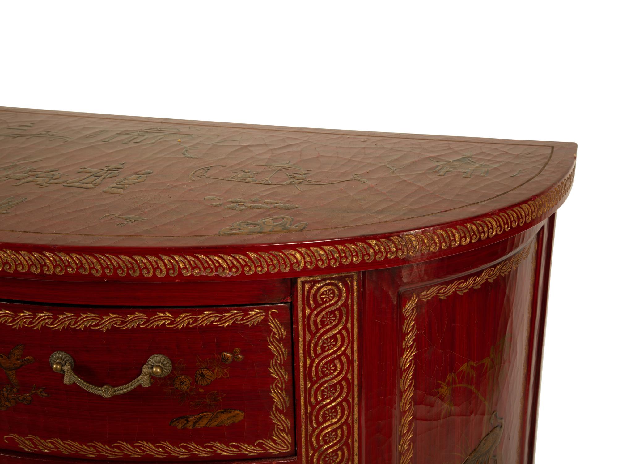 A Regency Style Red and Gilt Lacquer Demi-lune Commode — 20TH CENTURY