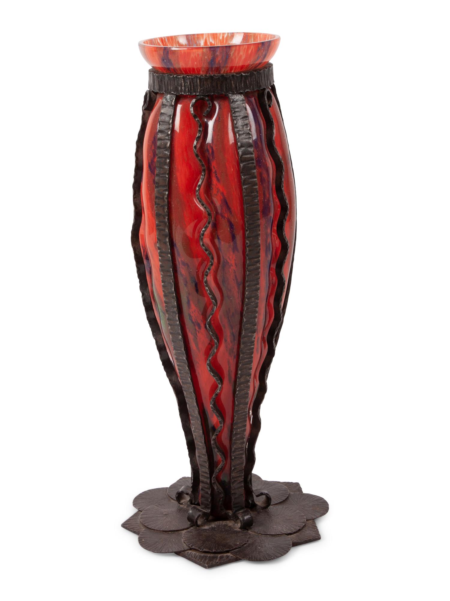 A Blown-Out Glass and Wrought Iron Vase, in the Manner of Charles Schneider
