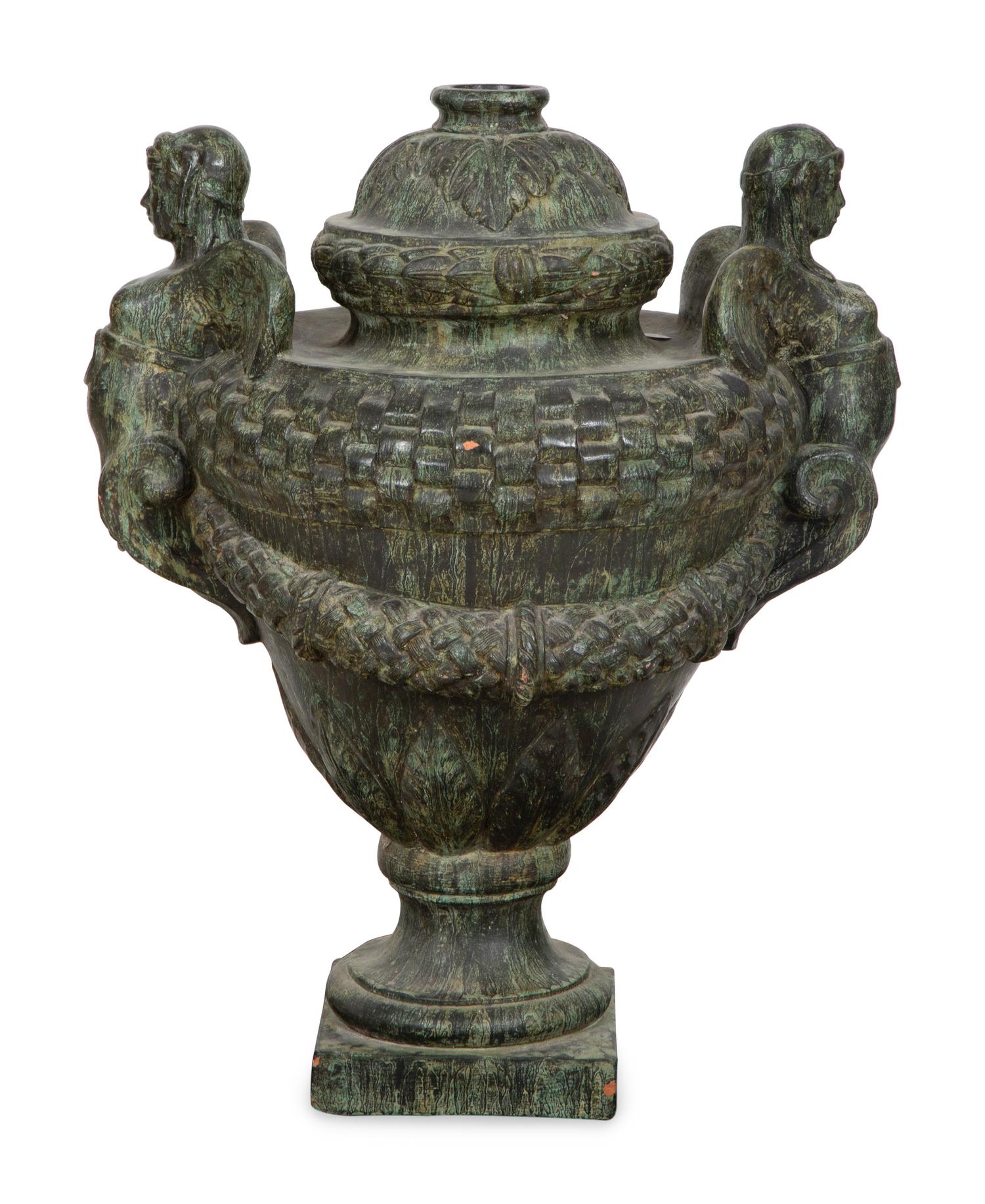 A Pair of Verdigris Patinated Terracotta Urns on Faux Marble Painted Pedestals
