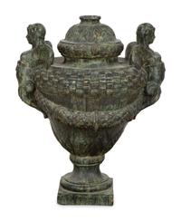 A Pair of Verdigris Patinated Terracotta Urns on Faux Marble Painted Pedestals