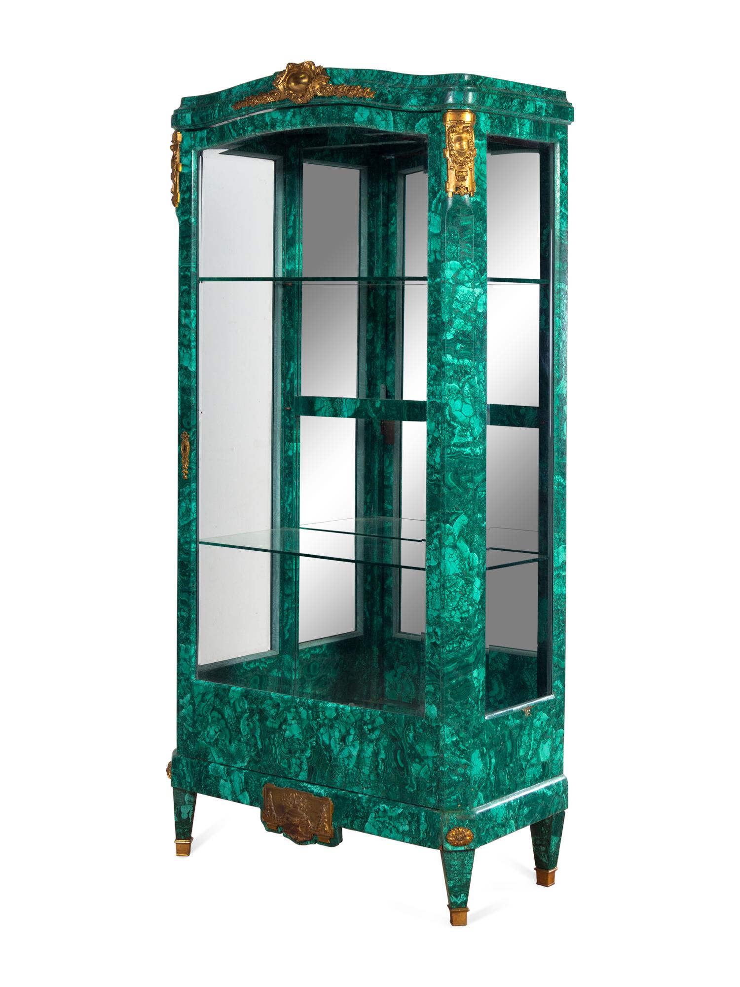 A Louis XV Style Gilt Metal Mounted Malachite Veneered Vitrine Cabinet