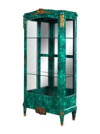 A Louis XV Style Gilt Metal Mounted Malachite Veneered Vitrine Cabinet