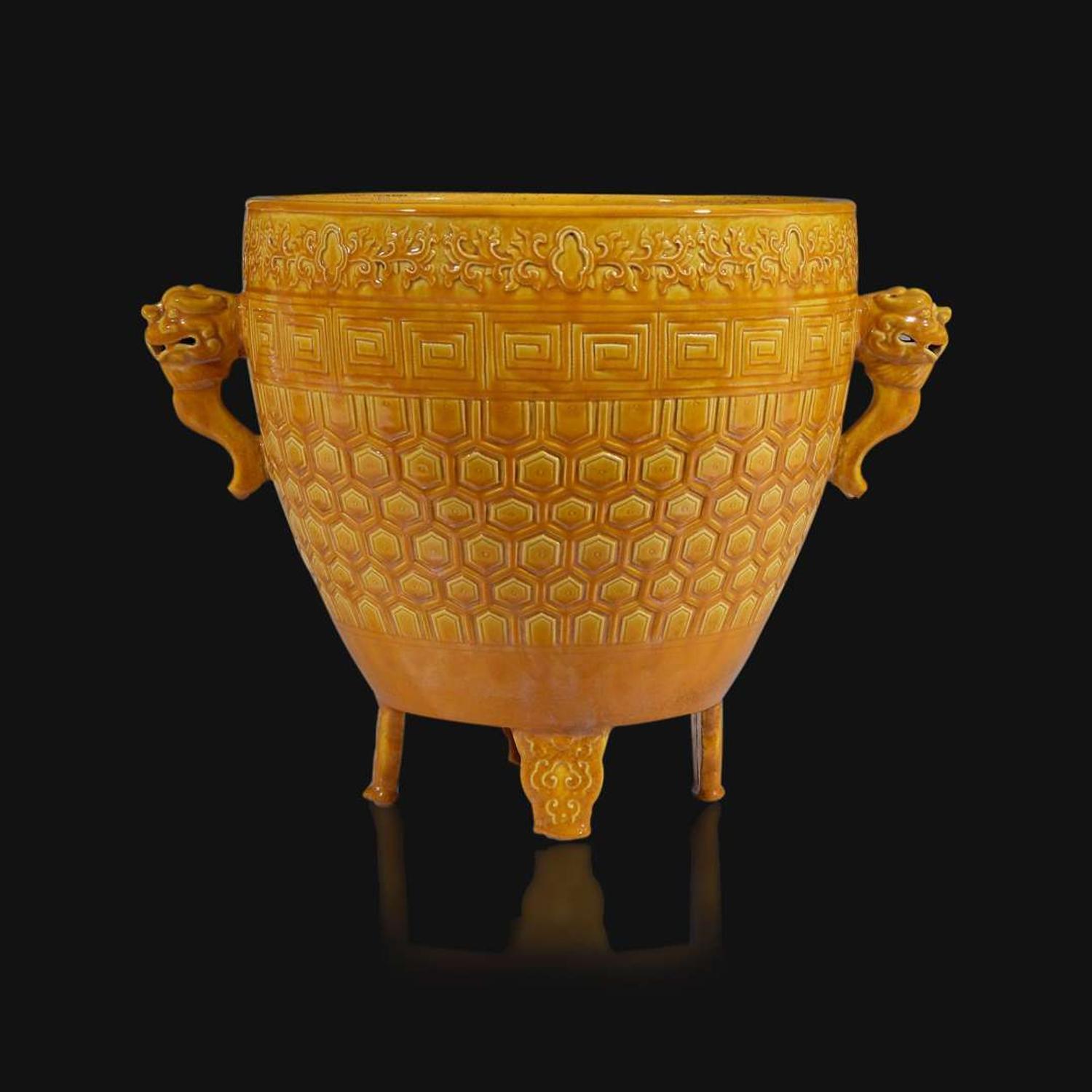 A Chinese yellow-glazed archaistic vessel, Xing Guangxu six-character mark and probably of the period